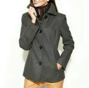 Wool Blend Buttoned Peacoat With Plaid Scarf
